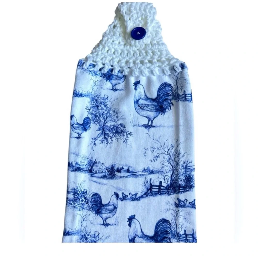 Hand Crafted Farmhouse Blue and White Hanging Rooster Kitchen Hand Towel